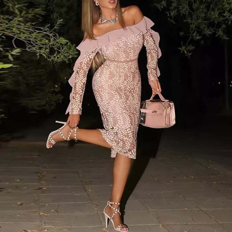 Damen Spitzenkleid Schulterfrei Rüschendetails Norvielle - Norvielle