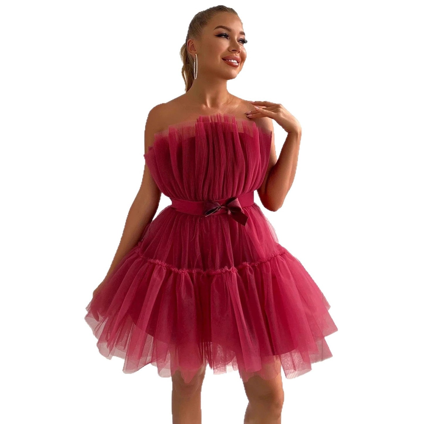 Damen Tüllkleid Asymmetrisch Voluminöse Rüschen