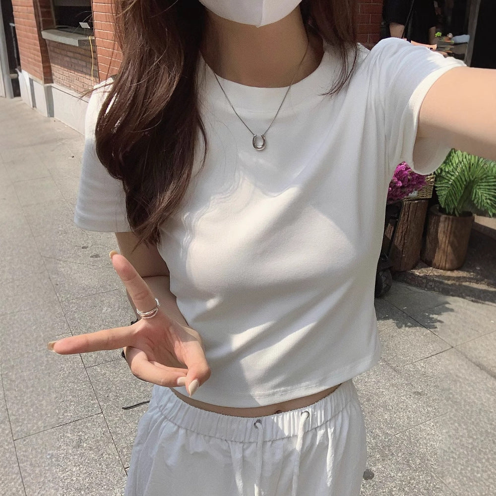 Damen T-Shirt Rundhals Cropped Baumwolle Figurbetont Weiß - Norvielle