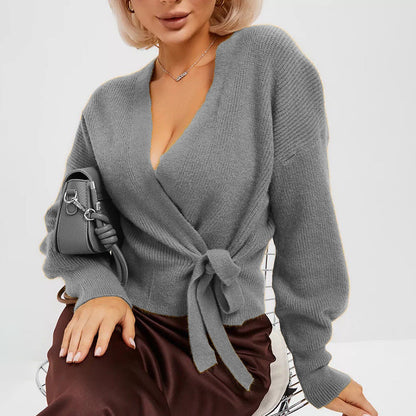 Damen Wickelcardigan Softstrick V-Ausschnitt Beige Norvielle