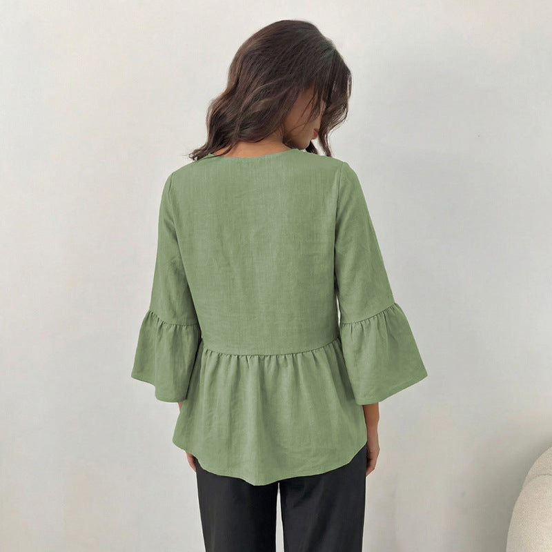 Damen Bluse Weite Ärmel Knopf Detail Norvielle