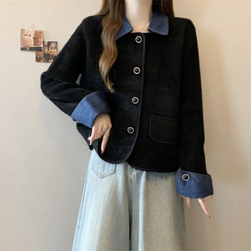 Damen Strickjacke Kontrast Ärmel Denim Norvielle