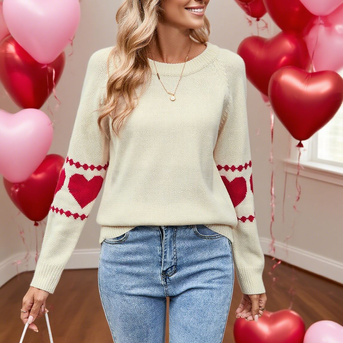 Damen Strickpullover Herzmotiv Bunt Norvielle