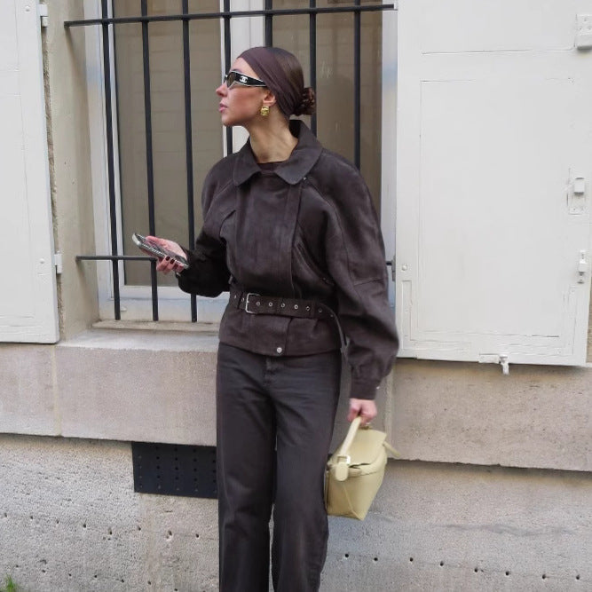 Damen Modische Wildlederjacke mit Taillengürtel
