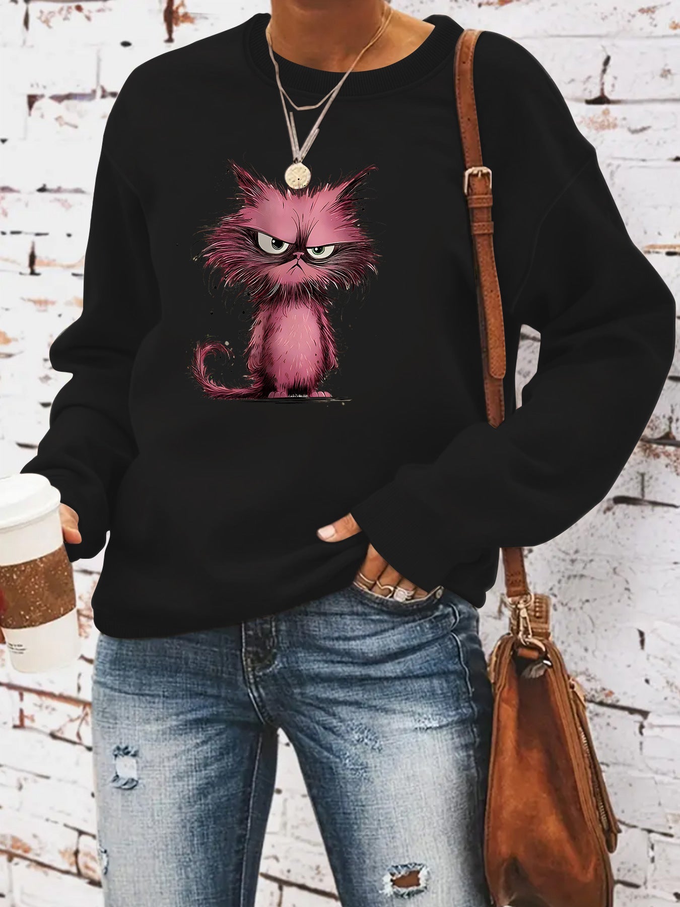 Damen Sweatshirt Katzenmotiv Baumwolle Weiß