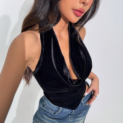 Damen Samt-Haltertop mit Cowl-Ausschnitt Schwarz - Norvielle