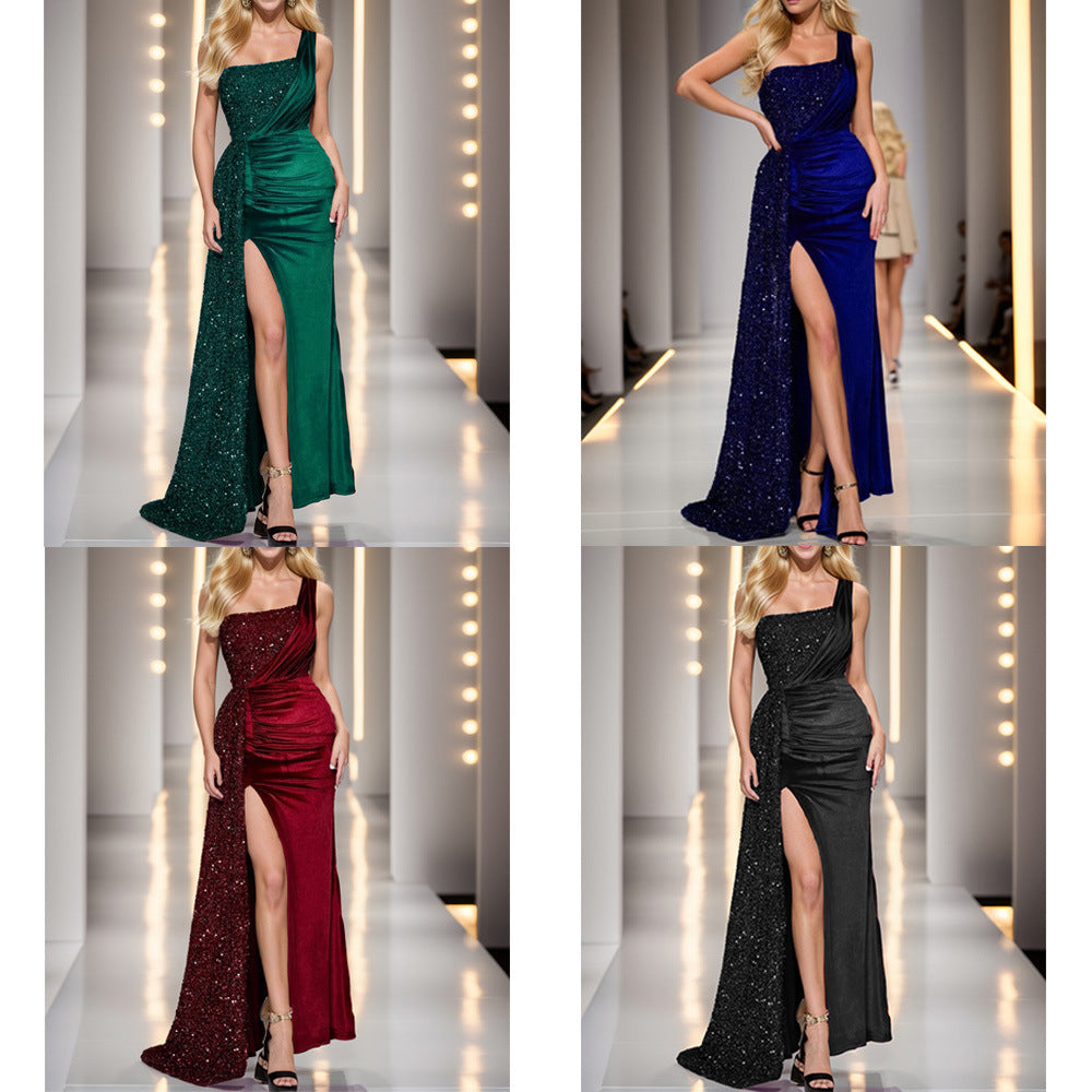 Damen Abendkleid Asymmetrischer Schnitt Glitzerdetails Schwarz - Norvielle