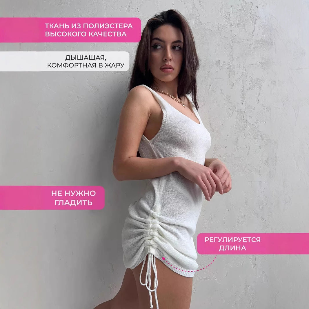 Damen Strickkleid mit Verstellbaren Schnüren und Rundhalsausschnitt