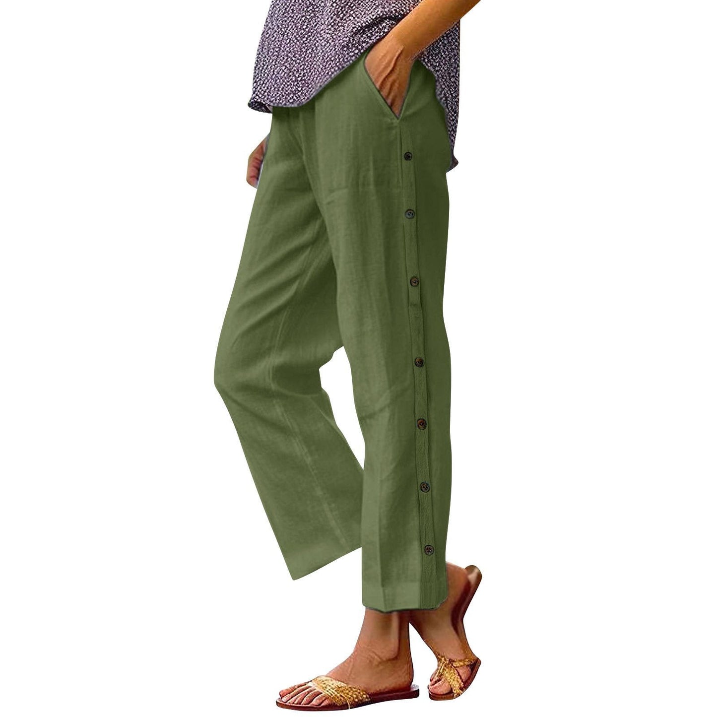 Damen Leinenhose Bequem Mit Knöpfen