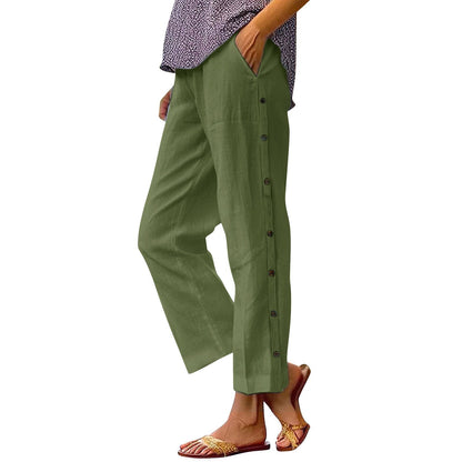 Damen Leinenhose Bequem Mit Knöpfen