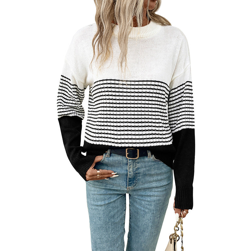 Damen Strickpullover Lässig Weit Gestreift Beige