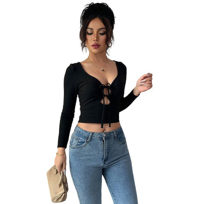 Damen Crop- Langarm Norvielle mit Zierknoten
