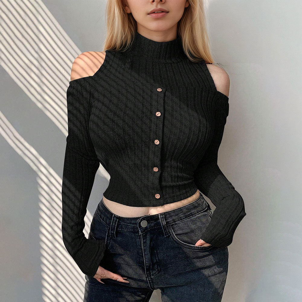 Damen Cropped Pullover Langarm Schulterfrei Knopfverschluss Norvielle