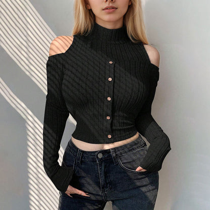 Damen Cropped Pullover Langarm Schulterfrei Knopfverschluss Norvielle