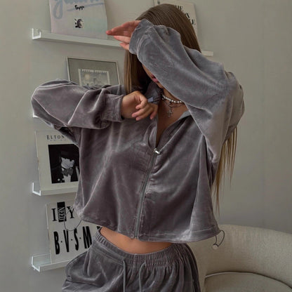 Damen Velours-Loungewear-Set Reißverschluss Kapuze