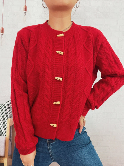 Damen Strickcardigan Weich Nautisches Zopfmuster Holzknöpfe Beige