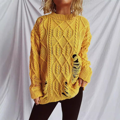 Damen Oversized-Pullover Strukturiertes Zopfmuster Fransen Beige