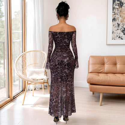 Damen Maxikleid Off-Shoulder Tiermuster Lange Ärmel