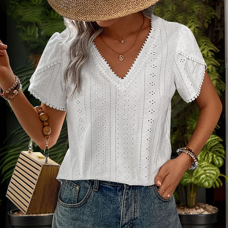 Damen Blusenshirt Luftiges Lochmuster Weiß