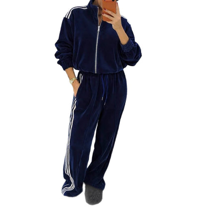 Damen Velours Jogginganzug Hochgeschlossener Kragen Elastischer Bund