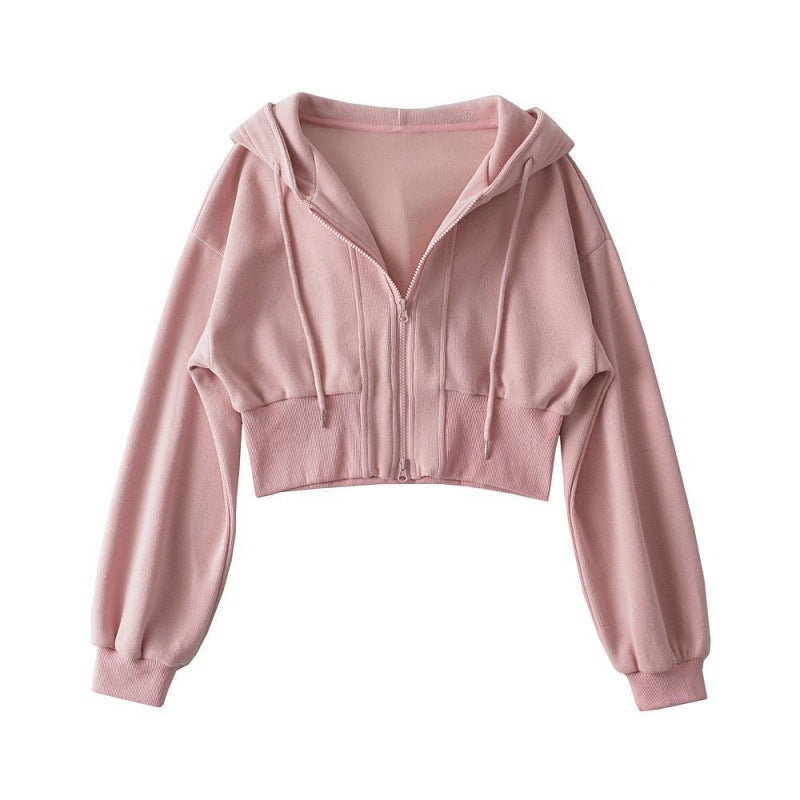 Damen Cropped Kapuzenjacke Reißverschluss Elastisch