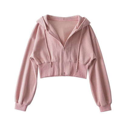 Damen Cropped Kapuzenjacke Reißverschluss Elastisch