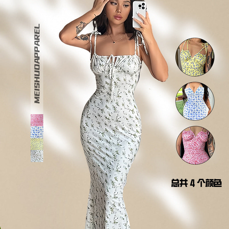 Damen Maxikleid Blumenmuster Figurbetont Spaghetti-Träger - Norvielle