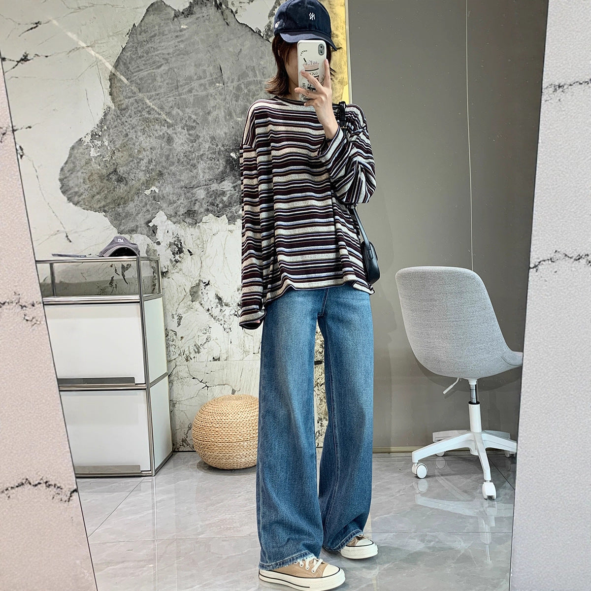 Damen Langarmshirt Streifenmuster Baumwolle Modern Weiß
