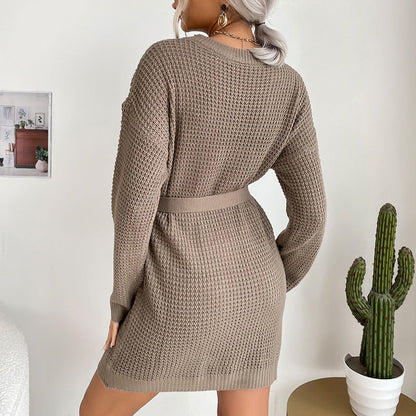 Damen Strickkleid Lässig Bindegürtel Norvielle