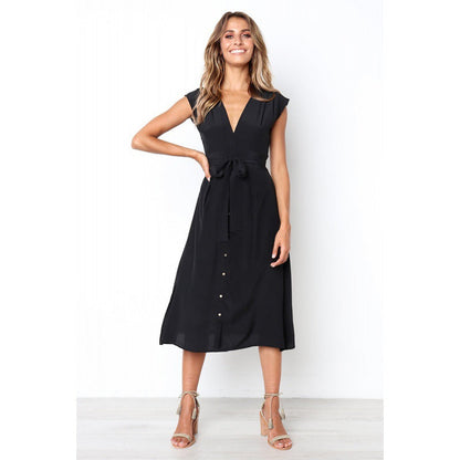 Damen Midi-Kleid V-Ausschnitt Taillengürtel