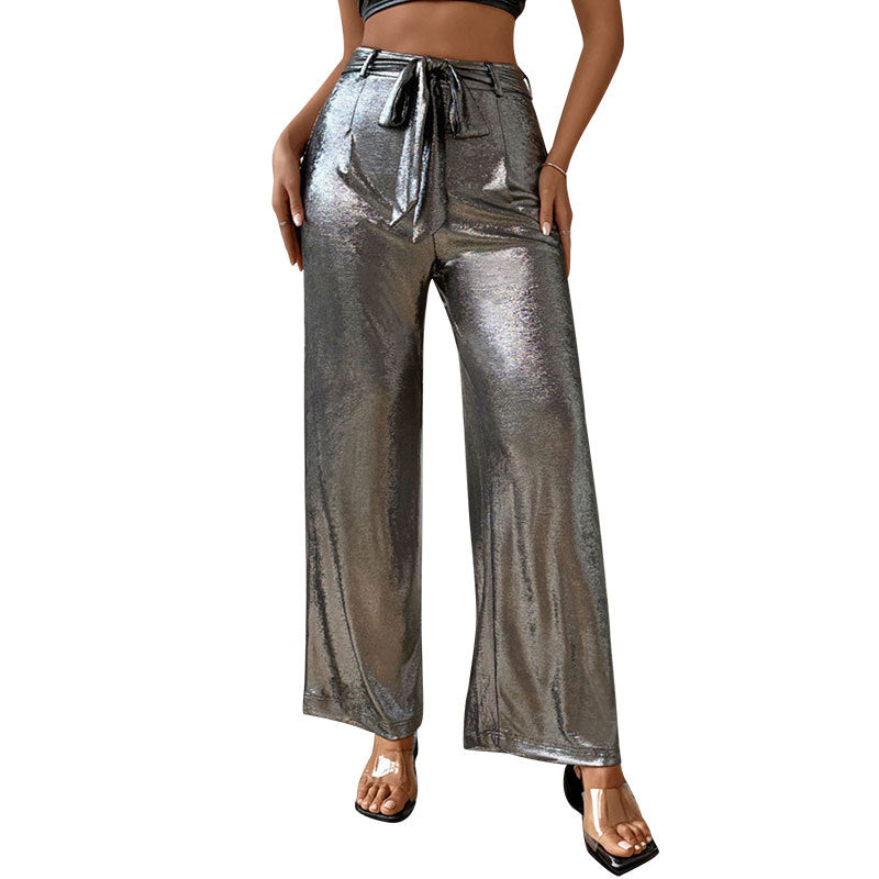 Damen Palazzo-Hose Hochtaillen Glänzend mit Bindegürtel