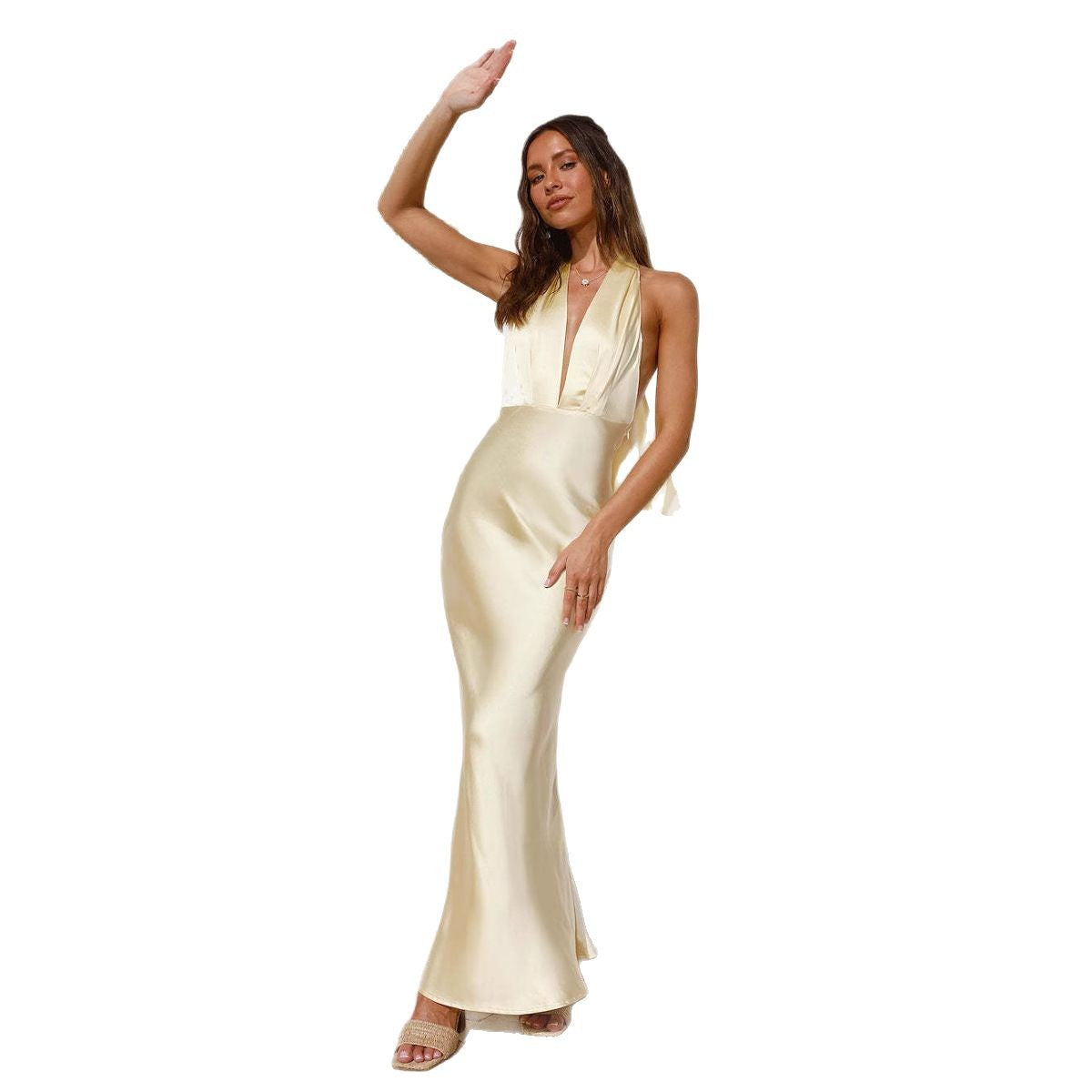 Damen Satin Maxikleid V-Ausschnitt Schwingender Schnitt