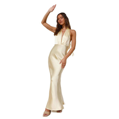 Damen Satin Maxikleid V-Ausschnitt Schwingender Schnitt
