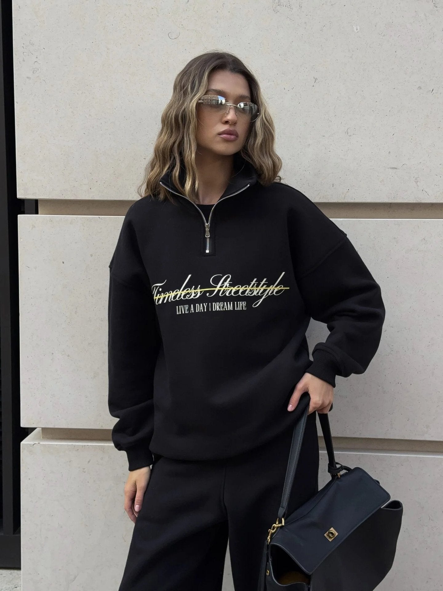 Damen Oversized Pullover Halbärmel Mit Reißverschluss Beige