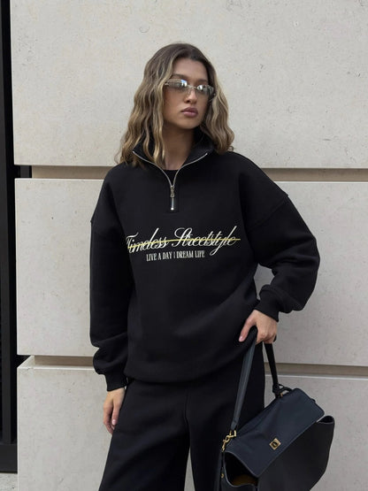 Damen Oversized Pullover Halbärmel Mit Reißverschluss Beige