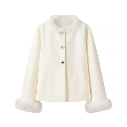 Damen Kurzjacke Kunstfellkragen Knopfdetails
