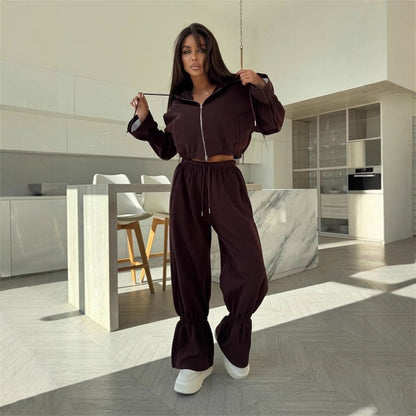 Damen Sportliches Zwei-Teiler-Set Cropped Kapuzenpullover und weite - Norvielle