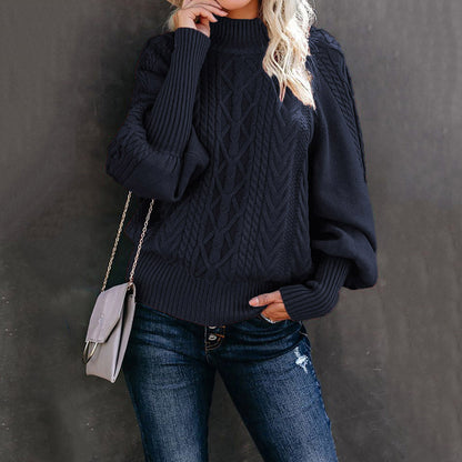 Damen Grobstrickpullover Stehkragen Ballonärmel Norvielle