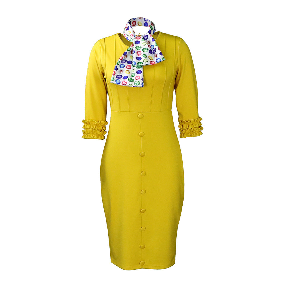 Damen Midi-Kleid Rüschenärmel Stylischer Schal Norvielle