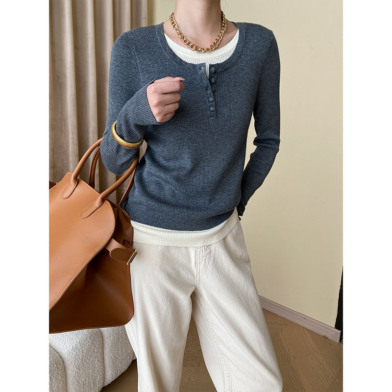Damen Langarm-Henley-Pullover Feine Rippstruktur Beige