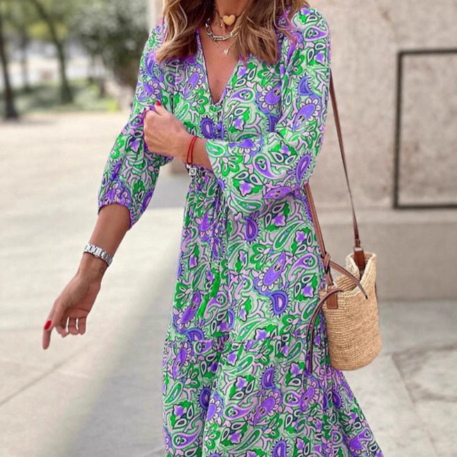 Damen Maxi-Kleid Florales Muster V-Ausschnitt