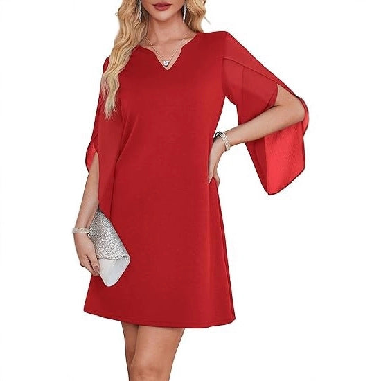 Damen V-Ausschnitt Kleid Durchsichtige Ärmel Norvielle