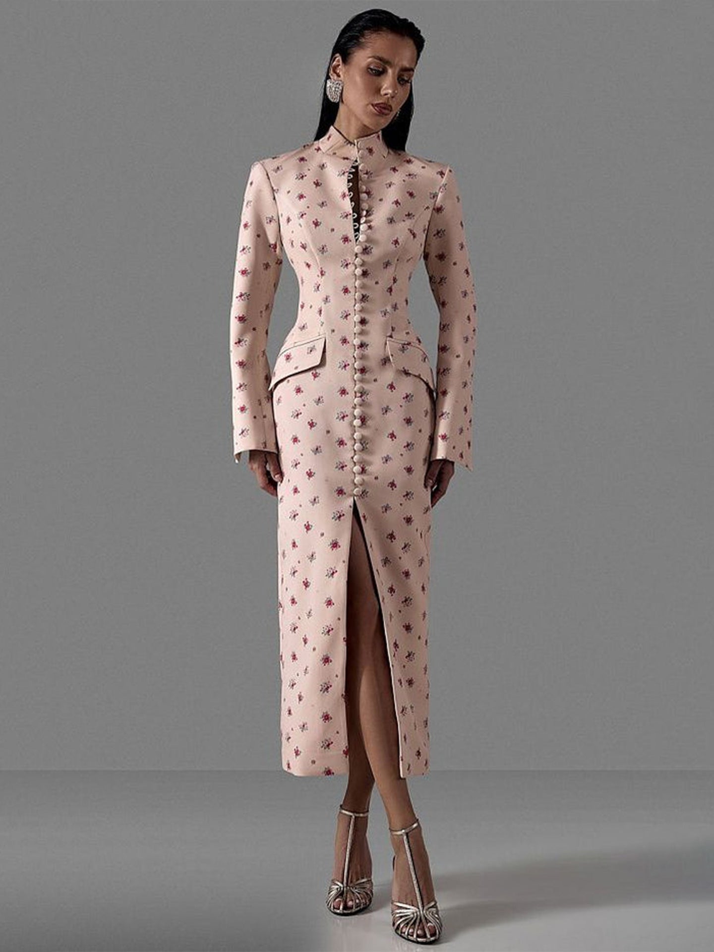 Damen Langarmkleid Floralmuster Hochgeschlossener Kragen Norvielle