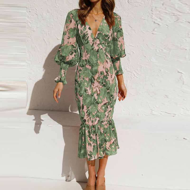 Damen Bodycon Kleid Rüschensaum Blumenmuster
