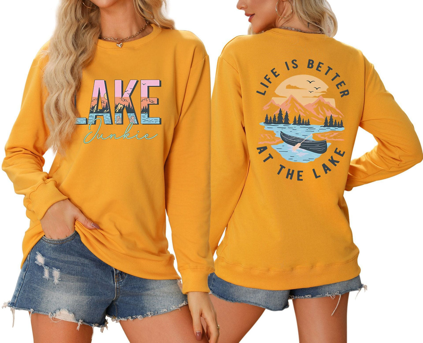 Damen Langarmshirt Lake-Motiv Leicht Lässig Weiß