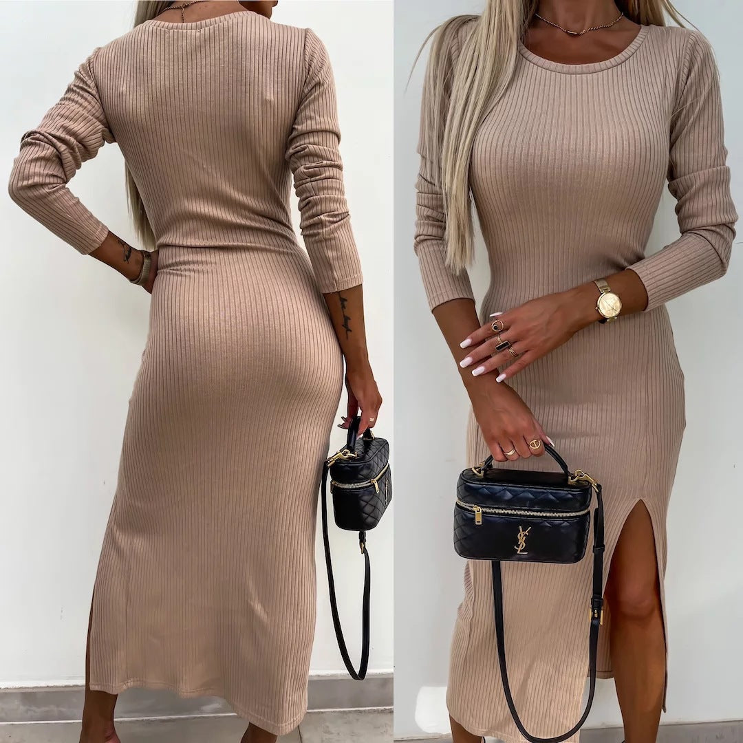 Damen Langarmkleid Rippstruktur Mit Seitenschlitz