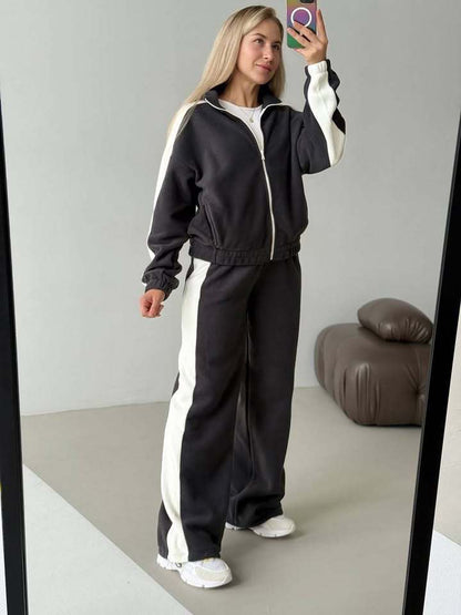 Damen Fleece-Jogginganzug Sportlich Hochkragen Seitliche Streifen