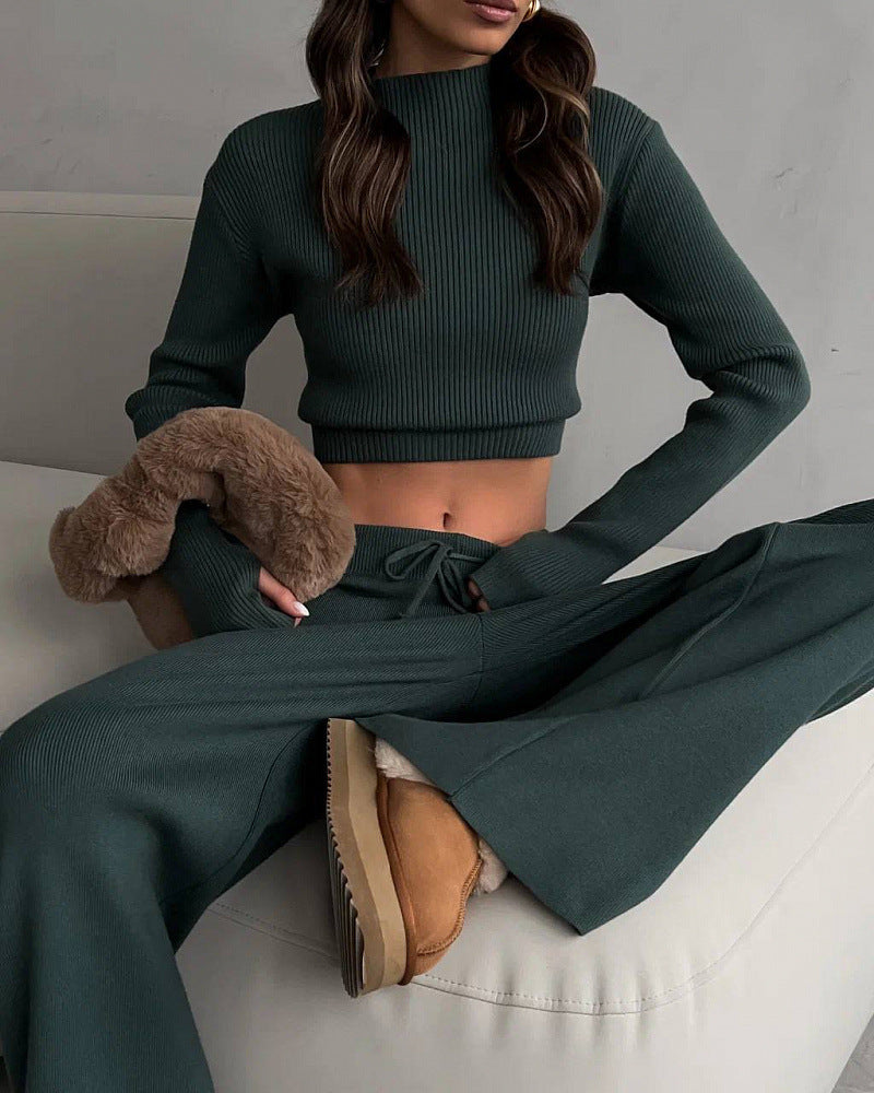 Damen Rippstrick-Hosenanzug Elastischer Bund Weites Bein