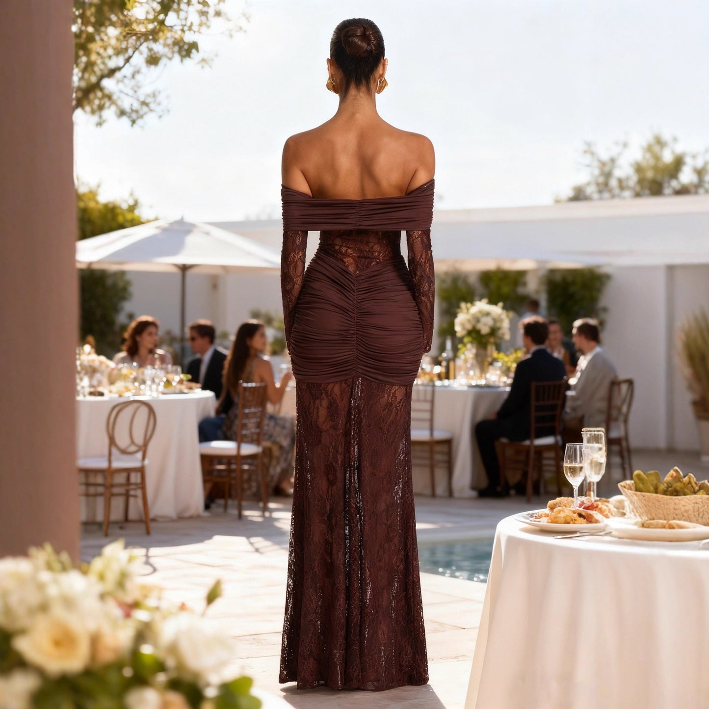 Damen Maxikleid Spitze Rüschendetails Schulterfrei