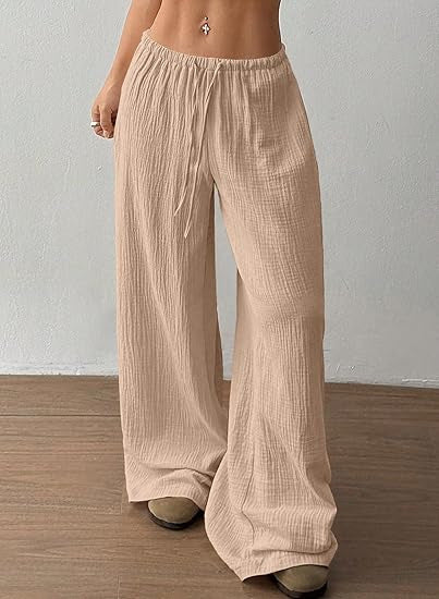 Damen Sommerhose Weite Luftige Baumwolle Kordelzug Beige